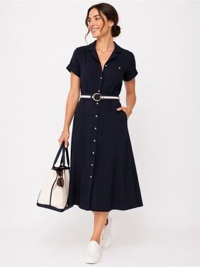 Talbots Petites Shirt Dress Sz 4P Button Front Midi Short Sleeve Work Classic